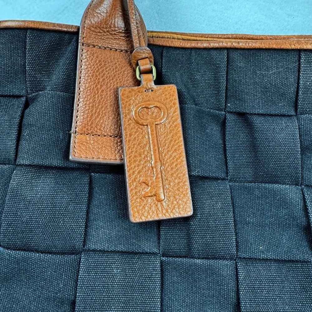Fossil Woven Canvas Tote Bag Black Brown Leather Trim Shoulder Bag Key Fob